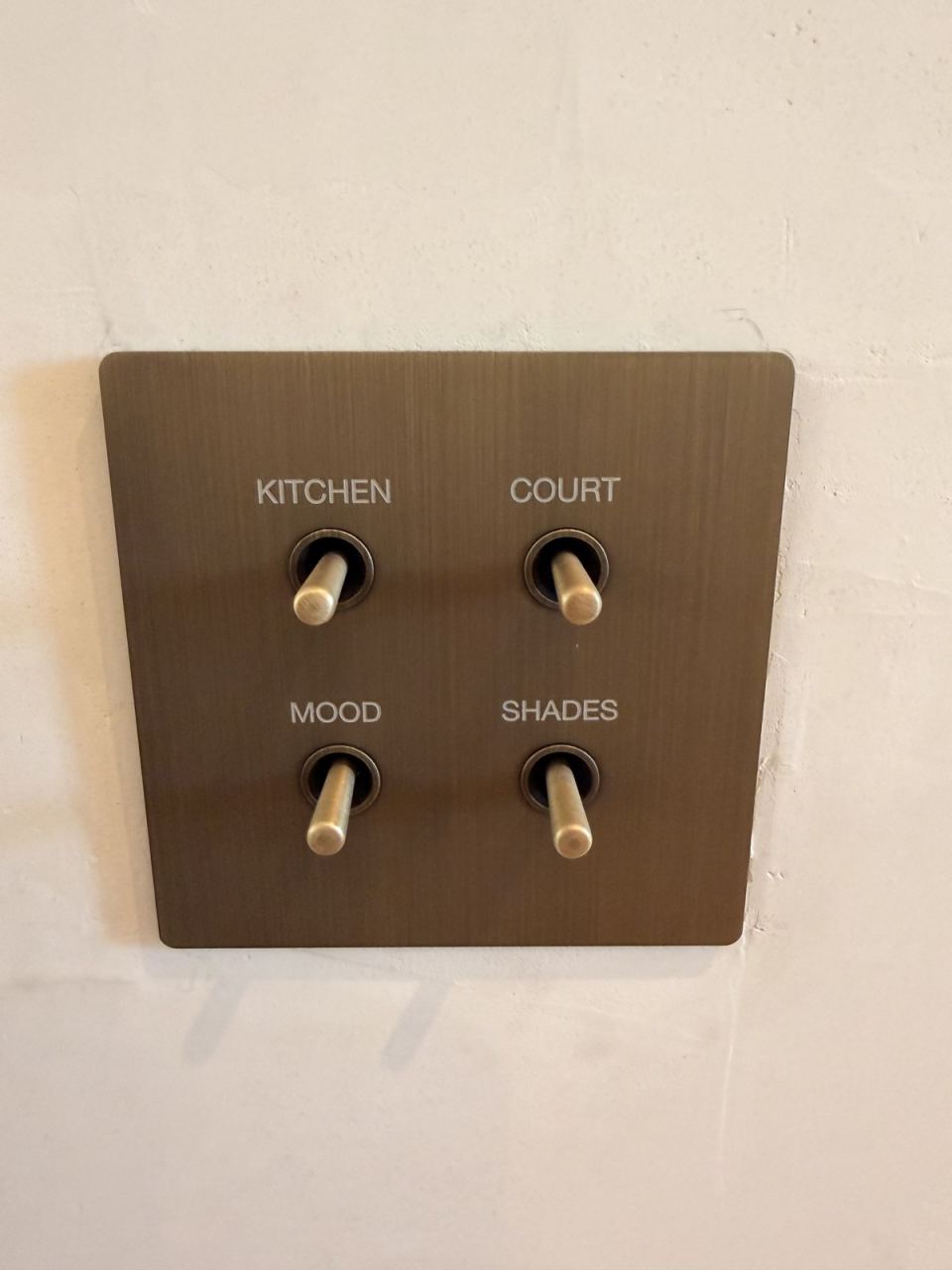 Lutron brass toggle keypad &mdash; Kitchen, Court, Mood, Shades