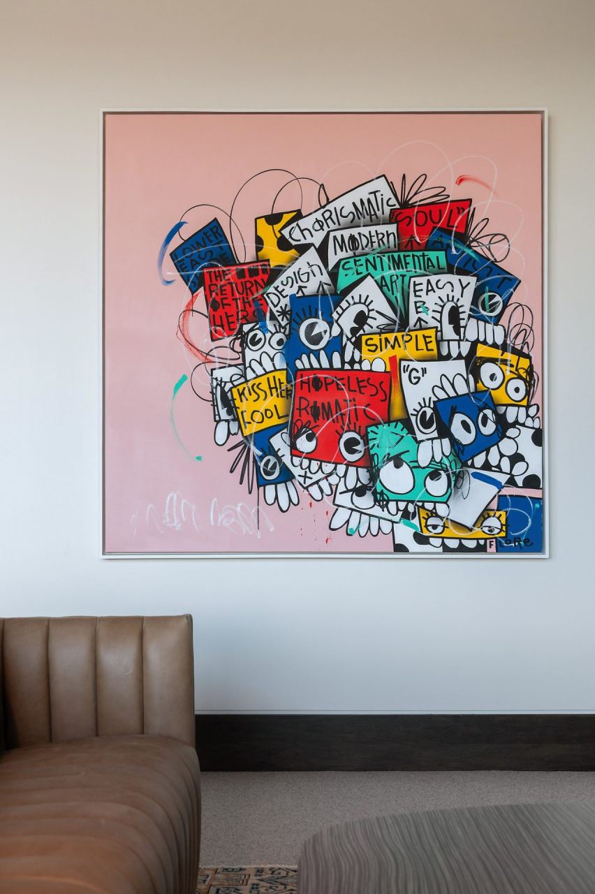Architectural word-art over a stone bench &mdash; Park City home by Techi