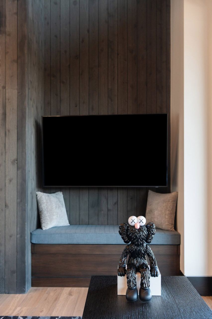 Media room with concealed TV and Lutron motorized shades &mdash; Park City home by Techi
